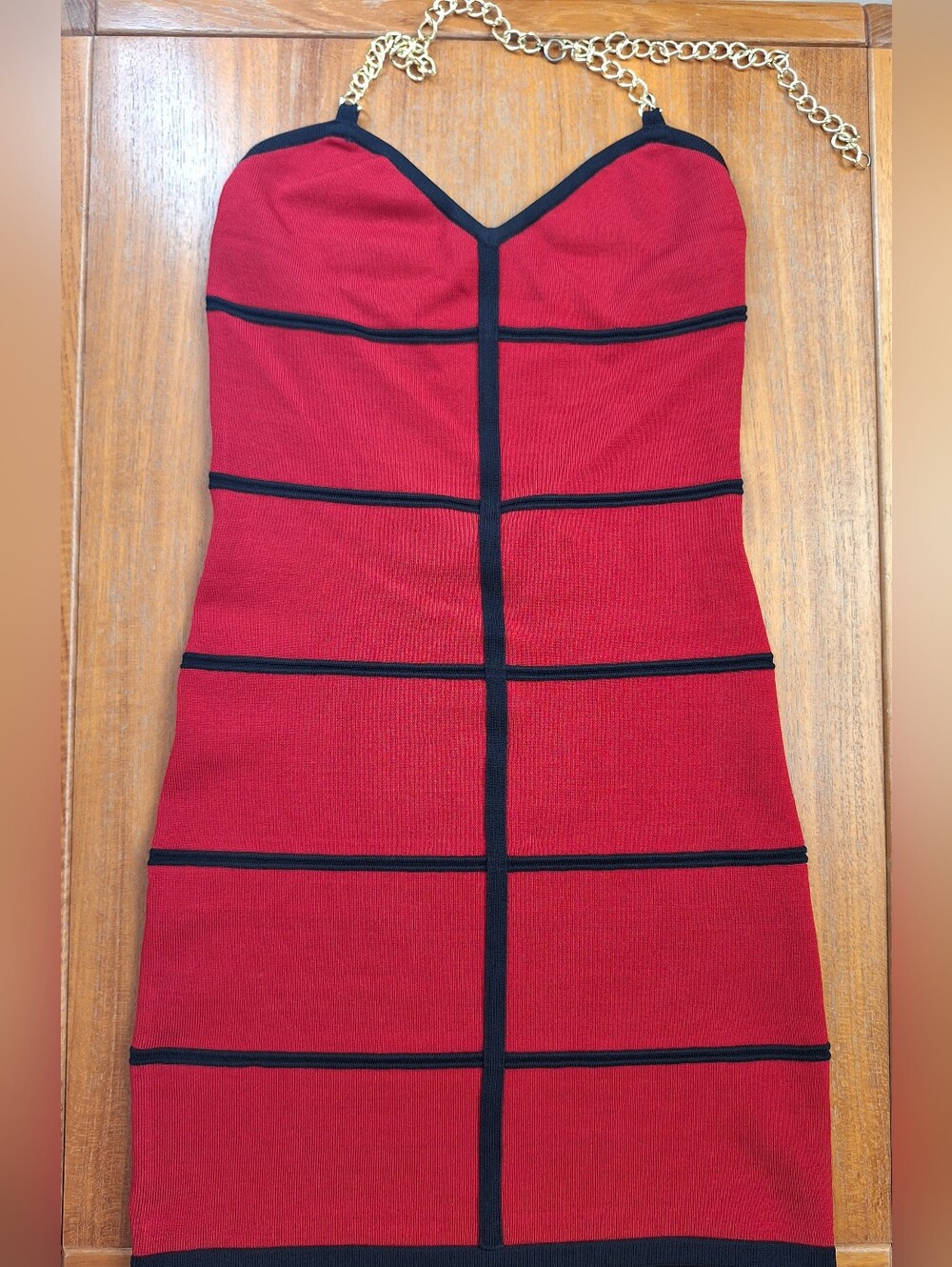 Vintage bebe Open Back Halter Dress Gold Chain Y2K Bodycon Bandage Red Black XS